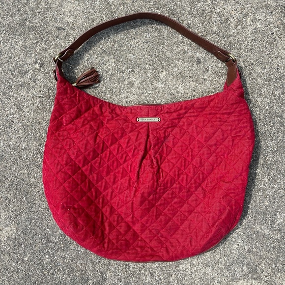 Retired Vera Bradley Red Corduroy Brown Leather Hobo Handbag Purse - Picture 1 of 8
